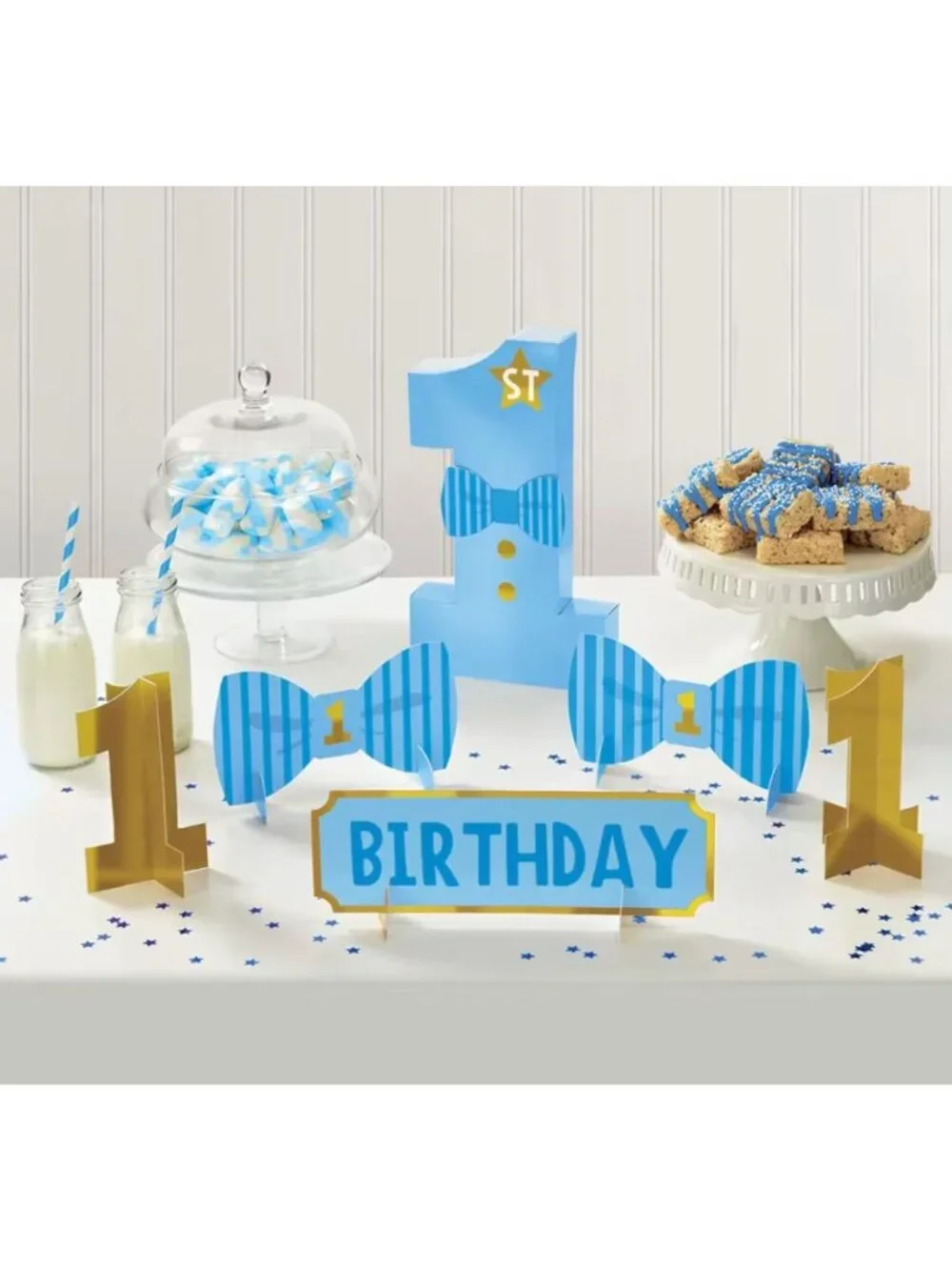 1st Birthday Table Decorations Set With Blue & Gold Theme 6-Piece Pack For Boys